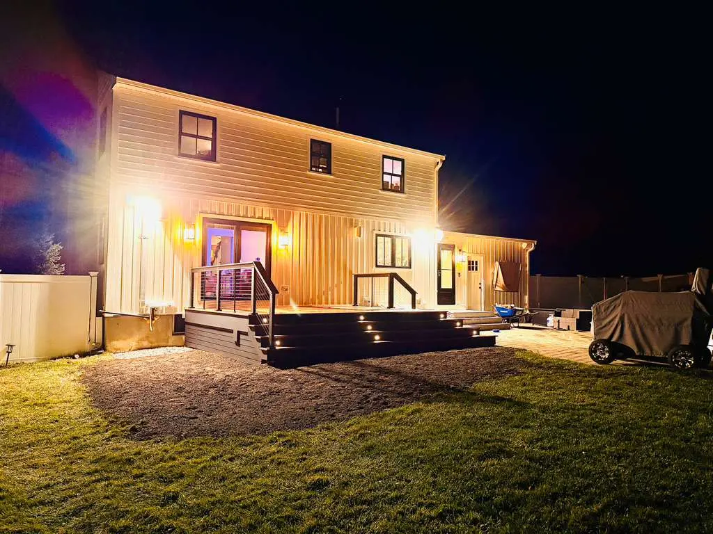 Completed exterior illuminated at night